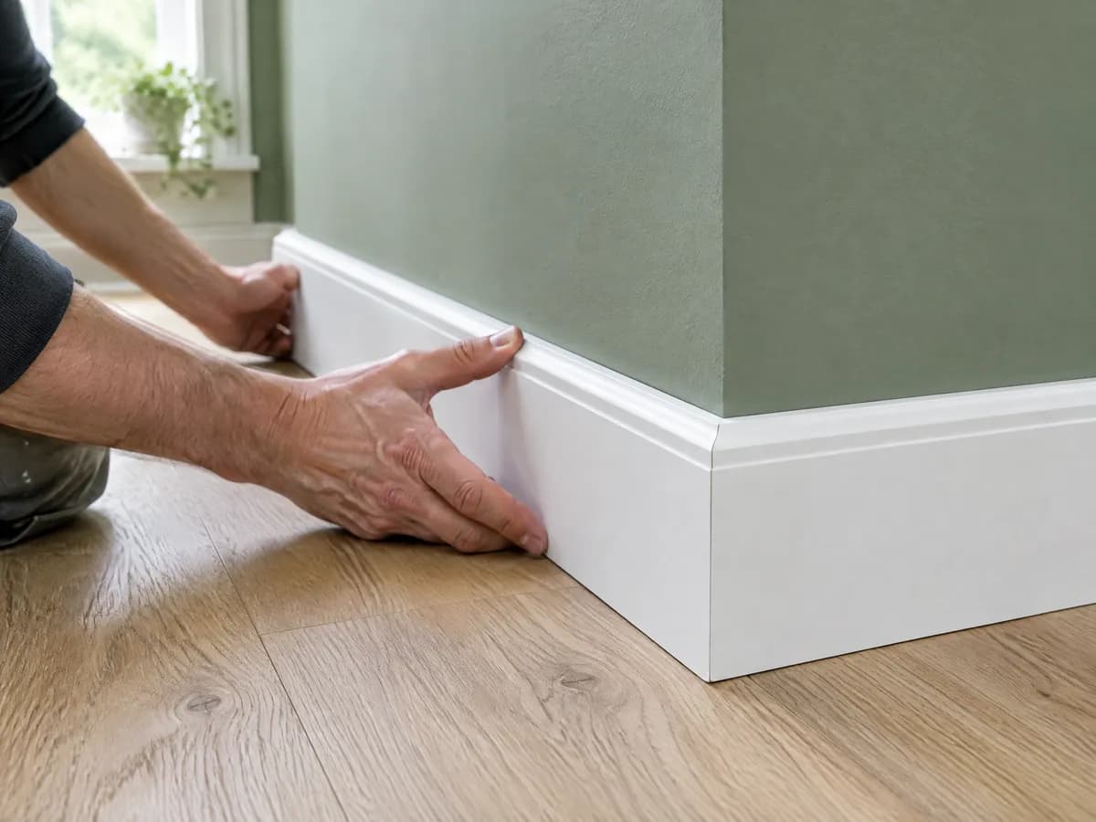 Eine weiße Sockelleiste wird an einer salbeigrünen Wand angesetzt