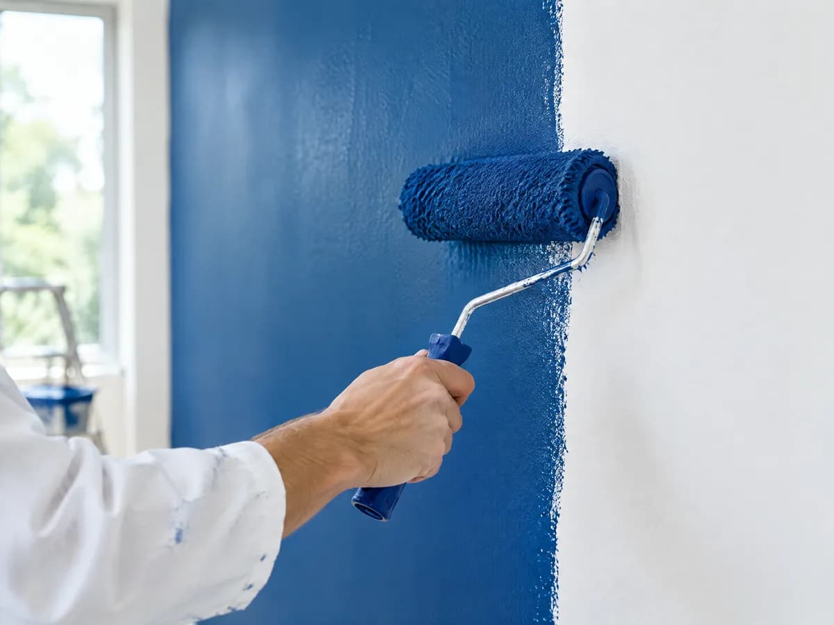 Eine Wand wird mit der Rolle in kräftigem Blau gestrichen