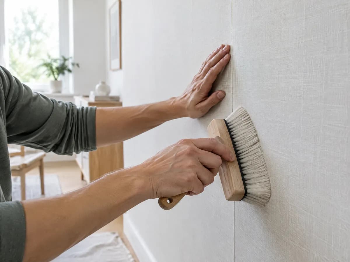 Eine Vliestapete wird mit der Bürste an die Wand gestrichen