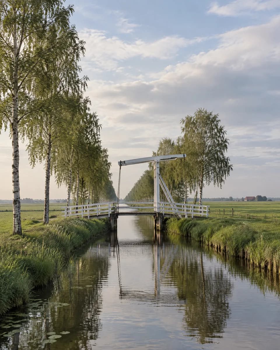 Ostfriesische Fehnlandschaft mit Kanal, weißer Klappbrücke und Birken